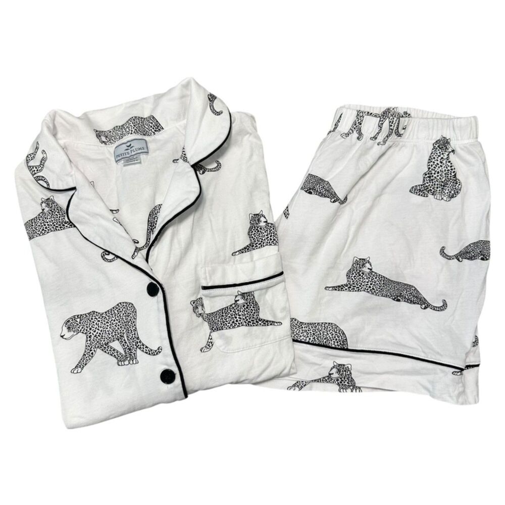 Petite Plume Women's White Pima Panther Long Sleeve Top & Shorts Pajama Set